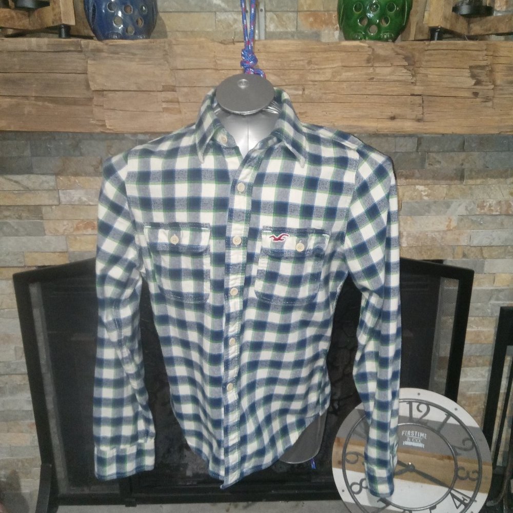 Hollister Flannel Blue, Green & White Plaid Men's Shirt Size Large